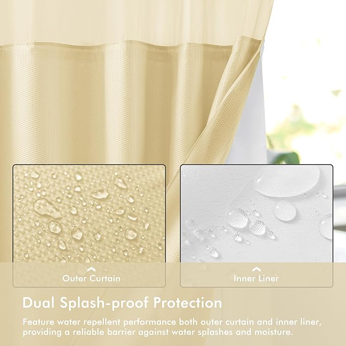 Mrs Awesome No Hook Shower Curtain with Snap-in Liner Less Time On/Off, Embossed Waffle-Look Textured Fabric Shower Curtain for Bathroom, Soft & Lightweight, 71x74, Beige