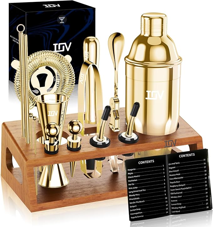 IOV Cocktail Shaker Set Bartender Kit with Stand | Bar Set Drink Mixer Set Includes Martini Shaker, Jigger, Strainer, Mixing Spoon, Muddler, Recipe Book | Home Bar Accessories Gift Set (Gold)