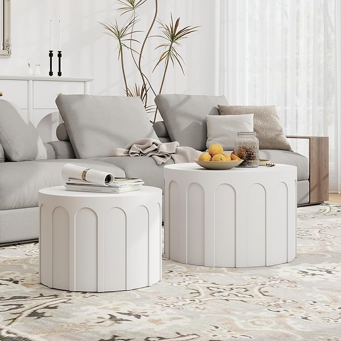 Nesting Coffee Table Set of 2, Modern Coffee Tables, Space-Saving Round Circle Coffee Tables, Side End Table for Living Room, Bedroom, Balcony, Office, White