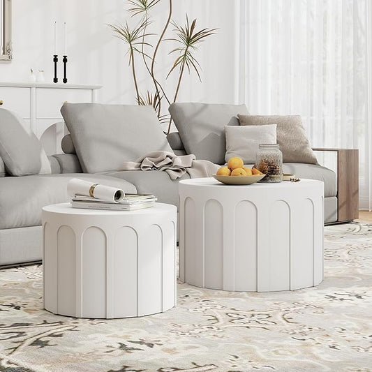 Nesting Coffee Table Set of 2, Modern Coffee Tables, Space-Saving Round Circle Coffee Tables, Side End Table for Living Room, Bedroom, Balcony, Office, White