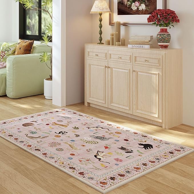 Rugcomf Bedroom Rug 3x5 Rug Washable Area Rug Non Slip Low Pile Boho Floral Animal Cat Small Carpet for Bedroom Bedside Kitchen Entryway Kids Room Office College Dorm Essentials for Girls, Pink