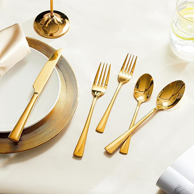 KINGSTONE Silverware Set for 8, 40-Piece Forged 18/10 Stainless Steel Flatware Set, Mirror Finish Cutlery Set Dishwasher Safe for Home, Restaurant, Wedding, Party,Gold