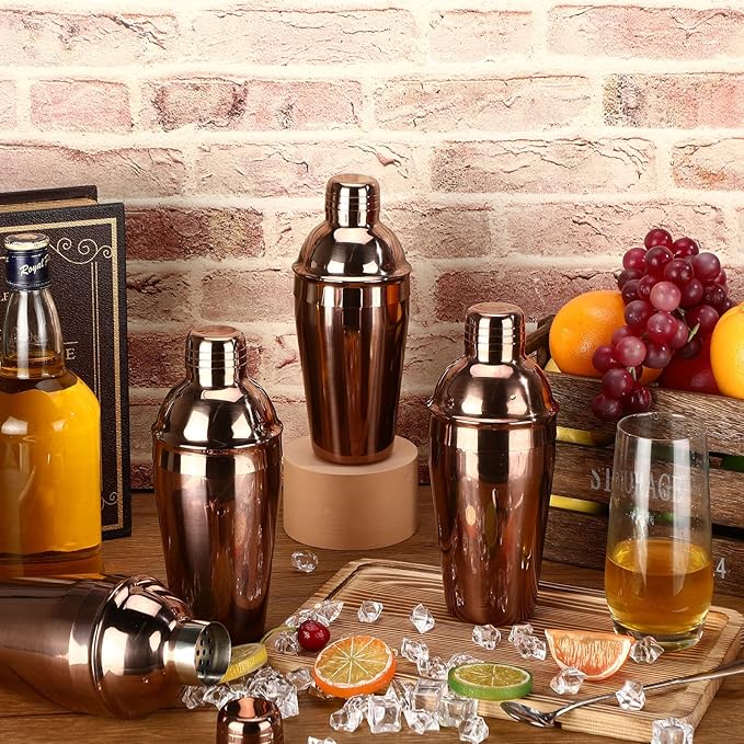 Nitial 6 Pcs Bar Cocktail Shaker Professional Stainless Steel Martini Drink Mixer Built-in Strainer for Bartending No Leaks Shaker for Bar Party Drink Mixer (Rose Gold,18.6 oz)