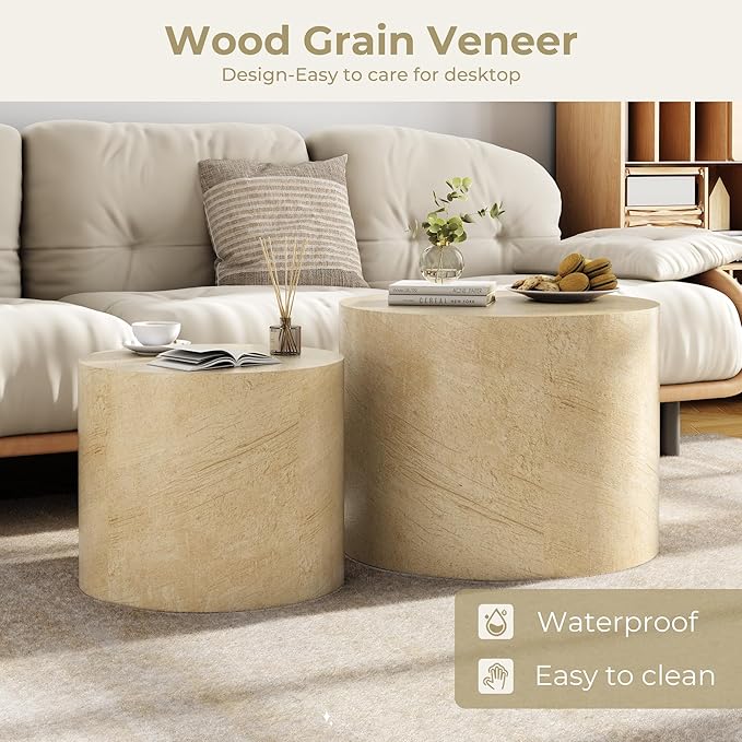 Nesting Coffee Table Set of 2, Round Beige Nesting Table Modern Circle Coffee Tables Side End Tables for Small Spaces Living Room, Bedroom, Balcony, Office