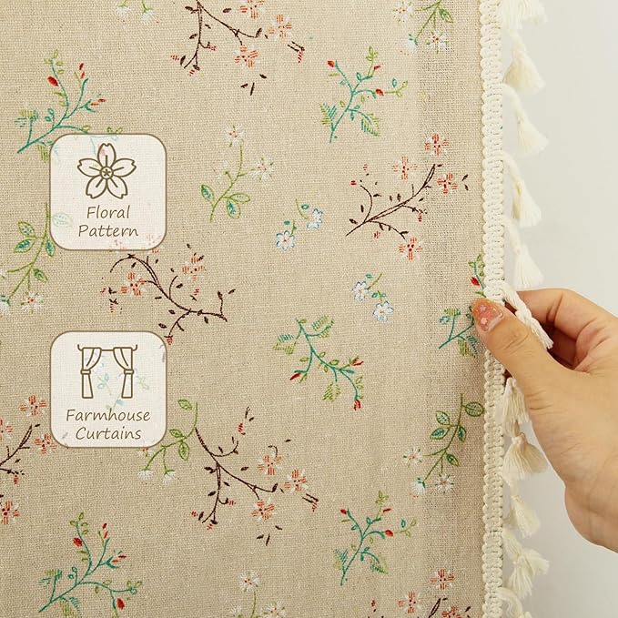 Floral Curtains Farmhouse Curtains for Living Room 84 Inch Length Linen Floral Patterned Curtain Rod Pocket Bedroom Drapes with Tassel, 2 Panels