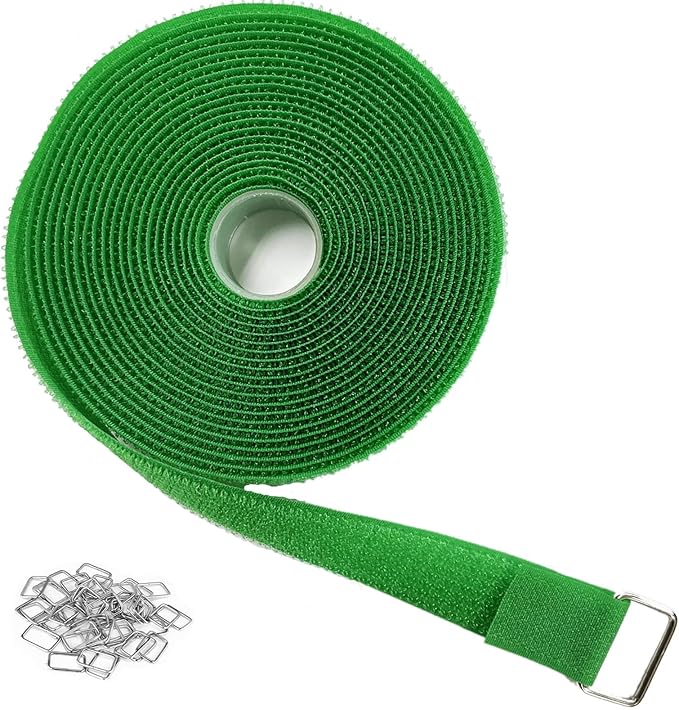1"x16ft Hook and Loop Straps with 25 Metal Buckles, Adjustable Fastening Cable Straps, Cut-to-Length Cinch Strap, Reusable Nylon Securing Cord Ties for Organizer or Storage, 1 inch Wide,Green