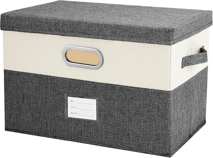 Large Linen Fabric Foldable Storage Bins with Removable Lid and Handles, Washable Storage Box Organizer Containers Baskets Cube with Cover for Bedroom,Closet,Office,Nursery(Grey&Cream, Large)