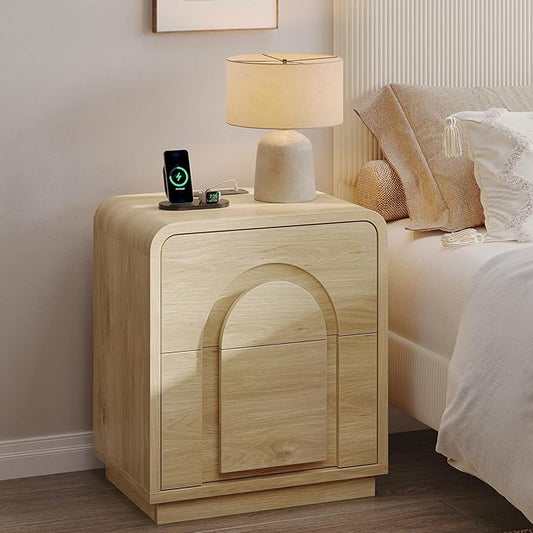 Bestier 23.6" Tall Nightstand with Charging Station, Mid Century Modern Bedside Table with 2 Drawers Storage, Arch Design Doors, Curved Profile, Side End Table for Bedroom