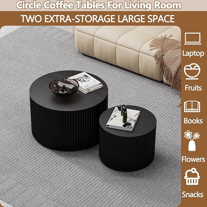 Nesting Coffee Tables Set of 2 Wooden Round Coffee Table Circle Nesting Table Space-Saving Design Modern Coffee Table Round Accent Tables Set for Living Room Bedroom Office (Black D18.9+D15)
