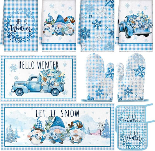 10 Pcs Christmas Kitchen Decor Set Kitchen Towels and Rugs Oven Mitts Pot Holders Absorbent Towels for Baking Cooking BBQ Gifts Home Decor(Blue,Snowflake)