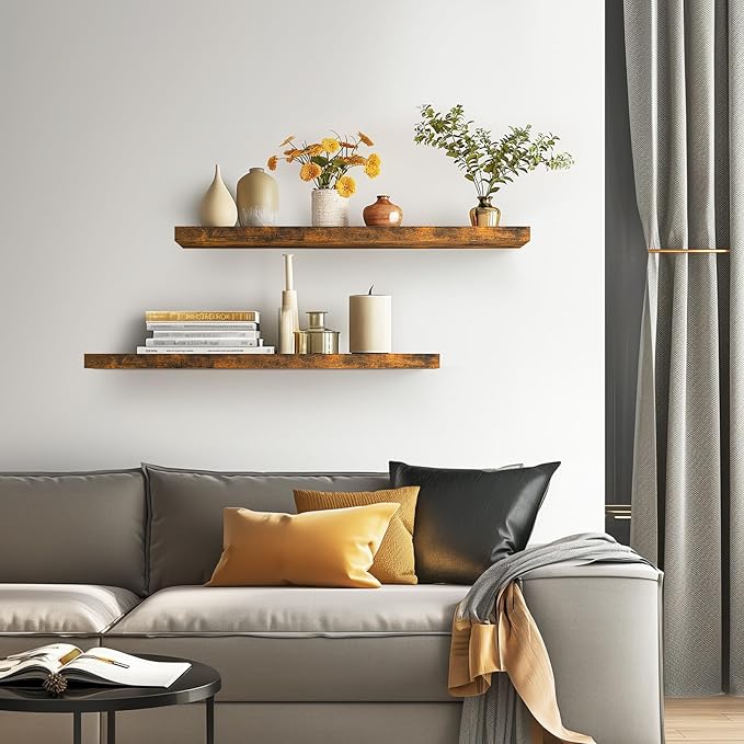 BAYKA Floating Shelves, 36 inch Wall Mounted Rustic Wood Shelves for Bathroom, Bedroom, Living Room, Kitchen, Office, Hanging Shelf for Books/Storage/Decor(Rustic Brown,Set of 2)