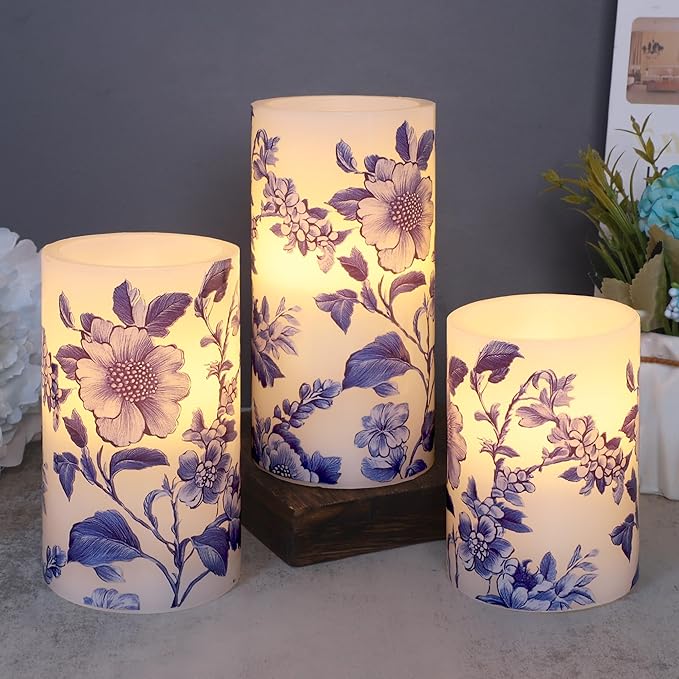 Flameless Candles Blue and White Porcelain Floral Chinoiserie Decor Battery Operated with Remote Real Wax Dripless Candle Vintage Decorative for Christmas Gift Wedding Home Party Decor