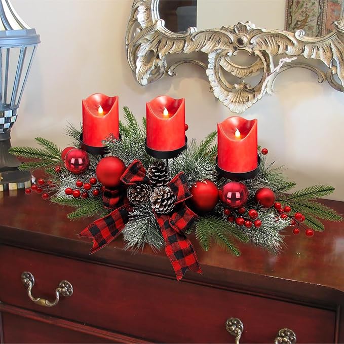 Christmas Table Centerpieces Decorations, 27.5 Inch Designed with Golden Bowknot Baubles Ornaments, Artificial Golden Berries and Pine Cones for Dining Room Table (Red Ball)
