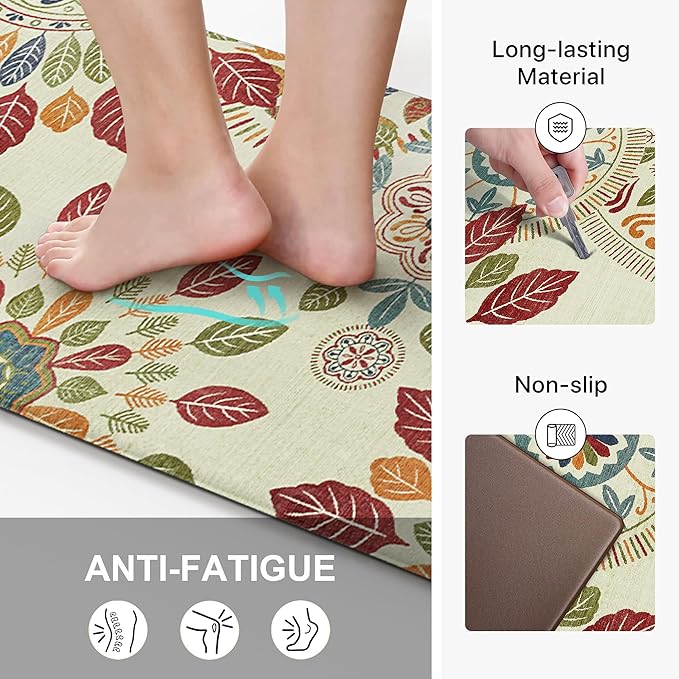 GENIMO Kitchen Mats for Floor 2PCS, Cushioned Kitchen Rugs Non Slip Washable, Farmhouse Anti Fatigue Mat Waterproof, Comfort Standing Mat Rug for Office, Home, Laundry, 17.3"x47"+17.3"x30", Beige&Red