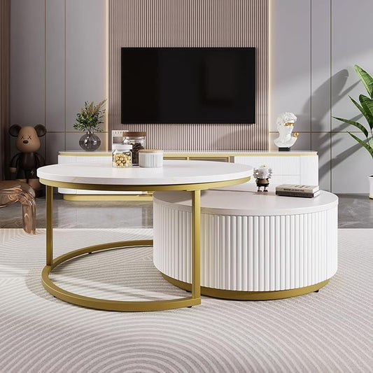 27.6" Modern Round Nesting Coffee Table Fluted with Drawer for Living Room in White & Gold