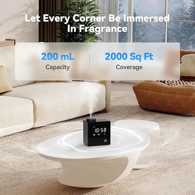 2026 Smart Waterless Diffuser, 2000 Sq.Ft Cold Air Scent Machine with Clock & Environmental Display | 7 Fragrance Levels, 9 Timer Settings, Hotel Collection Diffuser for Home & Large Rooms (Black)