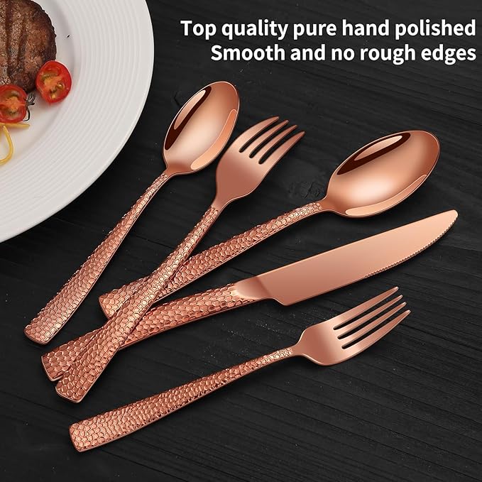 45-Piece Silverware Set with Serving Utensils Set, Rose Gold Hammered Stainless Steel Flatware for 8, Food-Grade Tableware, Including Fork, Knife, Spoon Set, Home Kitchen Cutlery, Dishwasher Safe