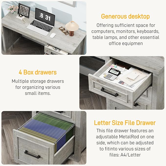 Vabches Farmhouse 49” Executive Desk with File Drawer, 4 Drawers Reversible Computer Desk with Storage, Rustic Home Writing Workstation for Home Office.Grey