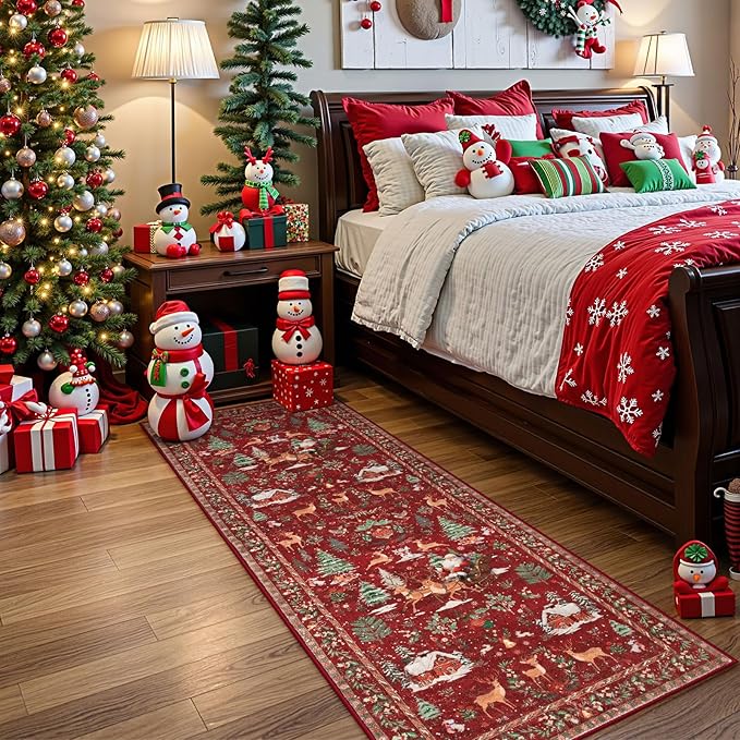 Lahome Christmas Runner Rug 2x6 Red Runners for Hallways,Kitchen Rugs Non Slip Washable Entryway Carpet Runner,Soft Christmas Tree Santa Claus Runners for Bathroom Bedside Holiday Decor(2'x6',Red)