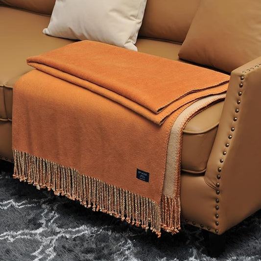 EP Mode Reversible Fringed Mulberry Silk Throw Blanket for Sofa (Caramel/Beige)