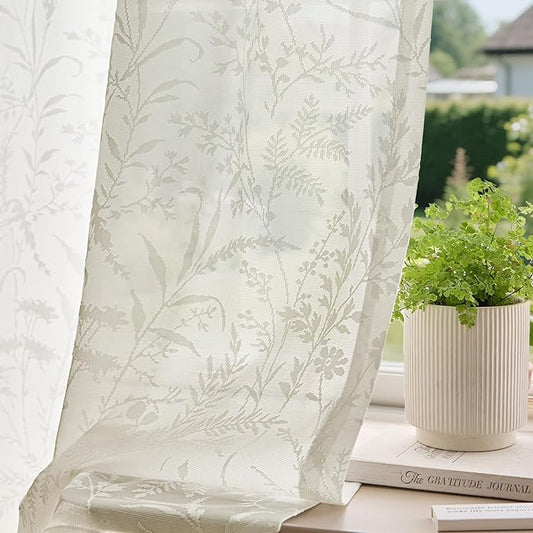 Anmao Beige Semi Sheer Light Filtering Curtains 96 Inches Long 2 Panels, Leaf Pattern Drapes for Living Room Bedroom, Rod Pocket Privacy Window Treatments with Floral Design, 52x96 Inch