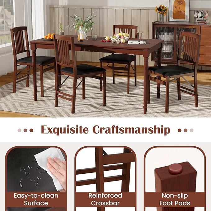 Giantex Folding Dining Chairs Set of 4, Solid Wood Frame, Foldable Wood Kitchen Chairs with Padded Seat, Max Load 400 Lbs, No Assembly, Armless Side Chairs for Apartment Dining Room, Brown & Black