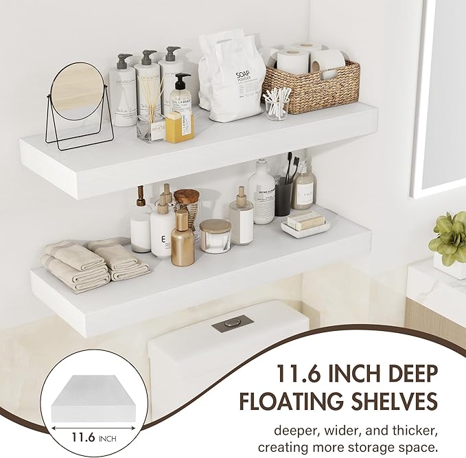 30 Inch Floating Shelves, 12" Deep Floating Shelf Wall Mounted, 30" Wall Shelves, Rustic Deep Bookshelf, Extra Deeper & Thicker Display Shelves for Bedroom, Living Room, White, Set of 2