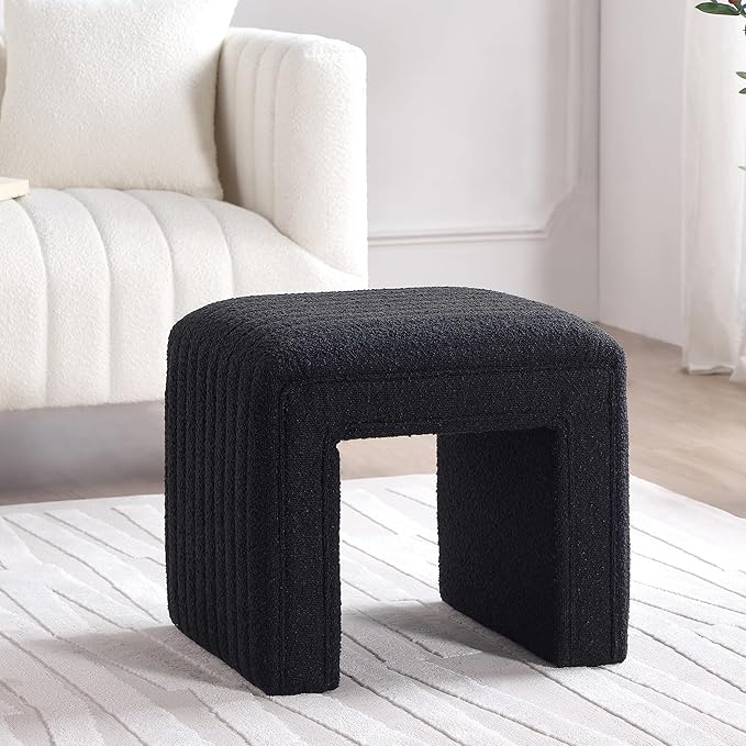 Get Set Style Vanity Stool Chair,Modern Boucle Ottoman Foot Stool with Wooden Legs Sofa Bench Footstool Extra Seat for Vanity,Makeup Room,Living Room,Entryway,Office (Fully Assembled)