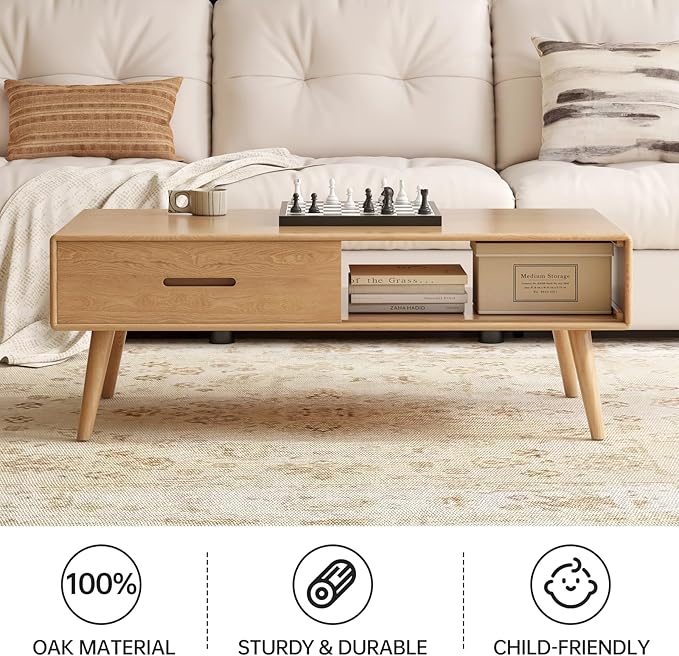 100% Solid Wood Coffee Table for Living Room, Living Room Table with Shelf Storage and 2 Drawers, Mid Century Modern Table,Oak Coffee Table for Home (Natural Colour, 47.24'' W)