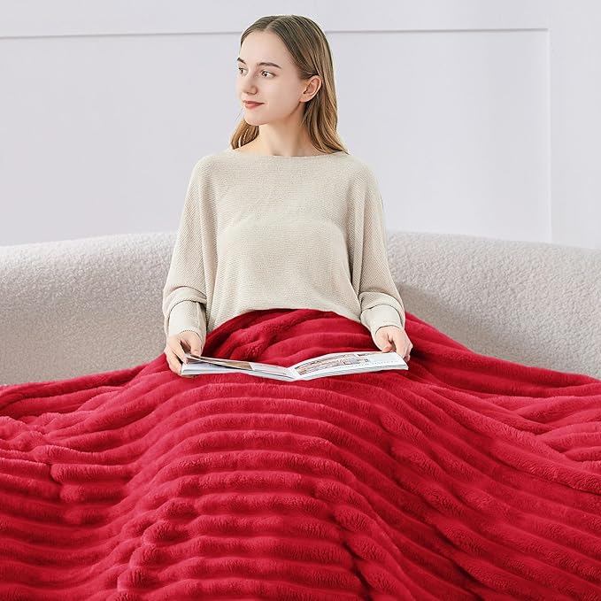 BEDELITE Fleece Throw Blanket for Couch, 300GSM Soft & Warm Fluffy Queen Blanket, Decorative and Giftable Striped Red Blankets for Women, Men, 50"x60"