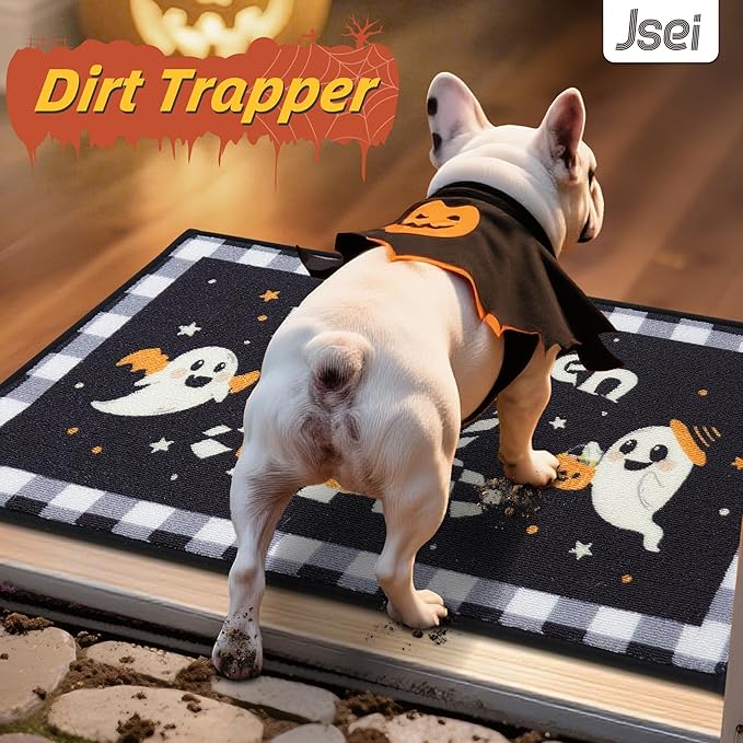 JSEI Halloween Holiday Doormat, 17''x30'' Non-Slip Ghost and Pumpkins Decorative Welcome Mats for Floor, Low-Profile Entryway Rugs Washable, Ghost and Pumpkins Pattern Black
