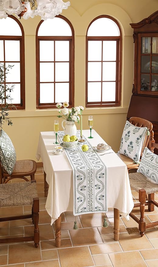ISAENNE Designer White Elegant Linen Table Runner 71 Inches Long,Chinoiserie Floral Decor Durable Table Runners for Dining Tables,Thanksgiving,Kitchen Tables,Christmas,12"*71"-Mosella D