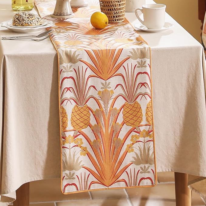 patdrea Designer Tropical Linen Table Runner 87 Inch Long, Yellow Vintage Elegant with Pineapple Pattern Table Mat,Decoration for Kitchen Dining Coffee Table Cover Banquet Christmas , 12"*87"