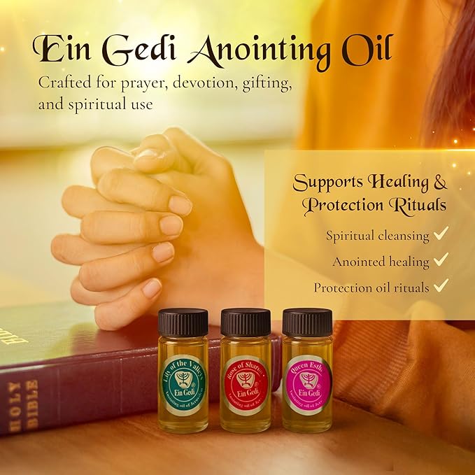 Anointing Oil for Prayer 3 Bottles Set 10ml/0.34oz Each Bottle - The Original Perfumes of The Bible Lily of The Valleys, Rose of Sharon and Queen Esther - Made in The Holy Land - by Ein Gedi