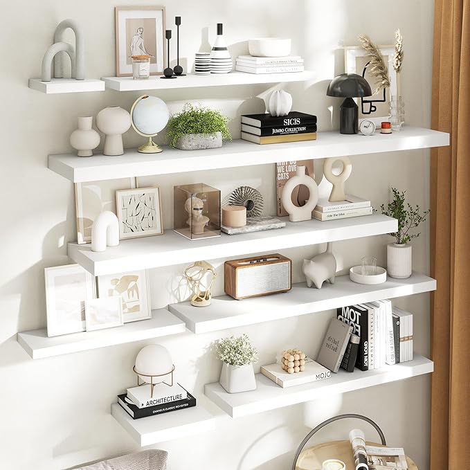 Floating Shelves for Wall with Invisible Brackets, Wall Mounted Engineered Wood Shelves with Wood Grain for Living Room, Bedroom, Bathroom, Kitchen Decor and Storage, Oak, 40"L Set of 2, White