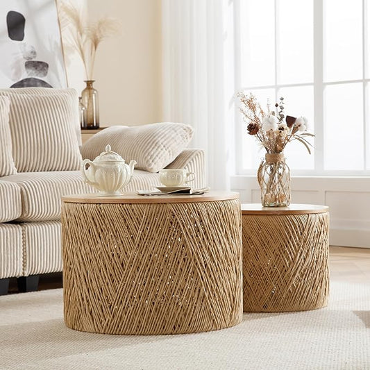 Farmhouse Round Coffee Table with Storage Boho Living Room Table with Lifting Top Hand-Woven Rattan Nesting Coffee Tables for Living Room, Natural