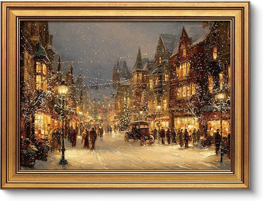 VIYYIEA Vintage Gold Framed Wall Art for Living Room, Christmas Canvas Prints Home Decor, Oil Painting Picture, Bedroom Wall Decor Gifts for Friends or Family -【A Warm Snowy Night】-(16L x 12W)
