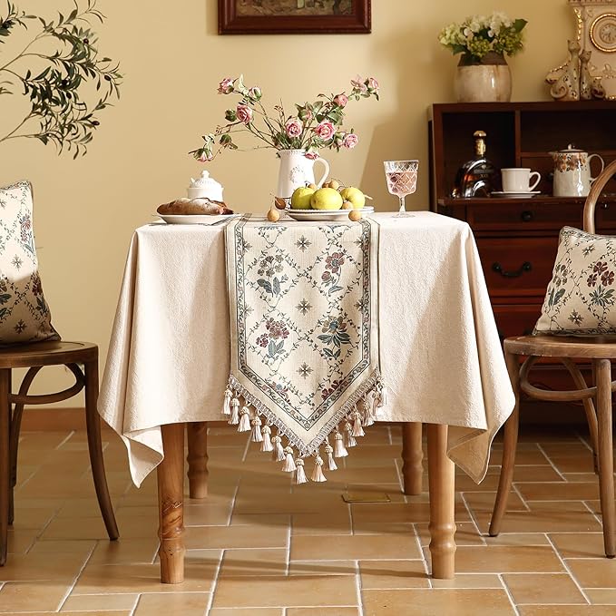 patdrea Designer Vintage Floral Linen Table Runner 102 Inch Long,Beige Cottage Rustic Bouquets Pattern Table Mat,Decor for Kitchen Dining Table Coffee Table Cabinet Banquet Christmas ,12"*102"