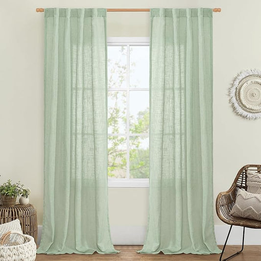 LAMIT Fresh Green Linen Curtains for Living Room, 84 inch Length Light Filtering Semi Sheer Drapes Back Tab and Rod Pocket Farmhouse Panels for Bedroom, 2 Panels, 34 x 84 Inch