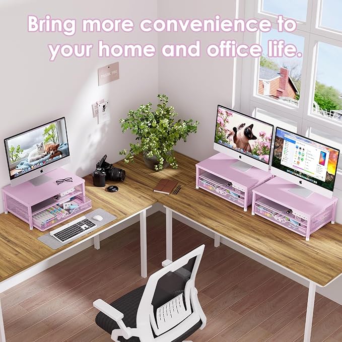 Desk Organizers and Accessories, 2-Tier Computer Monitor Stand Riser with Drawer, Laptop Stand, Office Desk Accessories, Workspace Desktop Organizer for Office Supplies, Pink