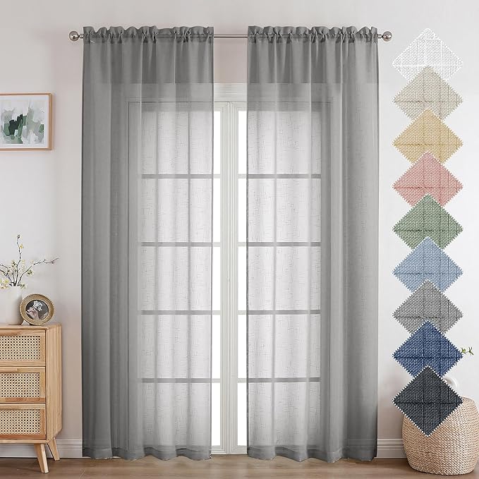 Aiyufeng Kirei Charcoal Grey Living Room Curtains 84 inch Long 2 Panels Set, Rod Pocket Linen Look Semi-Sheer Window Drapes Privacy with Light Filtering for Bedroom/Cottage, W40 x L84, 1 Pair