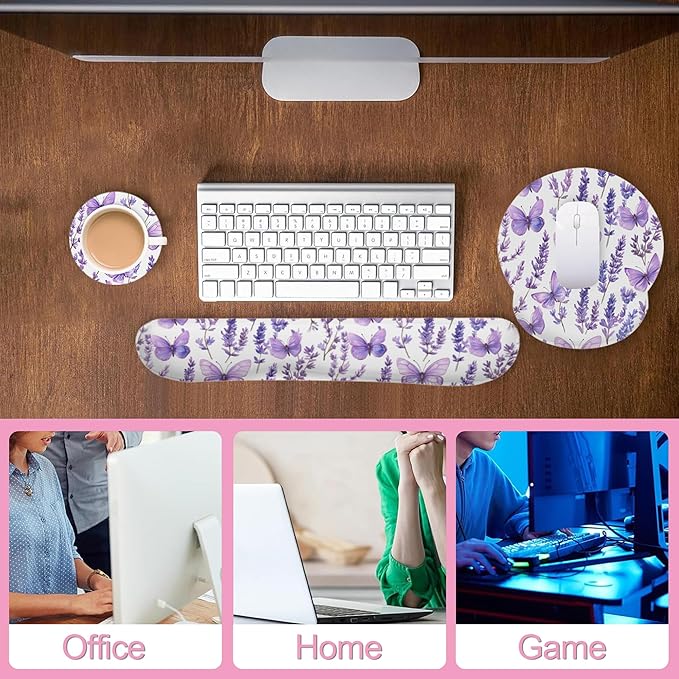 Lavender Butterfly Mouse Pad with Wrist Rest and Keyboard Wrist Rest Set, Non-Slip Rubber Base Memory Foam Mouse Pad Set for Women, Office Desk Accessories, Gaming