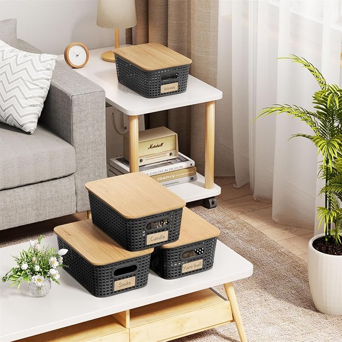 Small Storage Bins with Bamboo Lid, Plastic Storage Box with Lid, 5QT Stackable Organizing Basket with Lable, Storage Container for Classroom, Office, Closet, Shelf Organization, 10x7x4 In-Black-6 Pcs