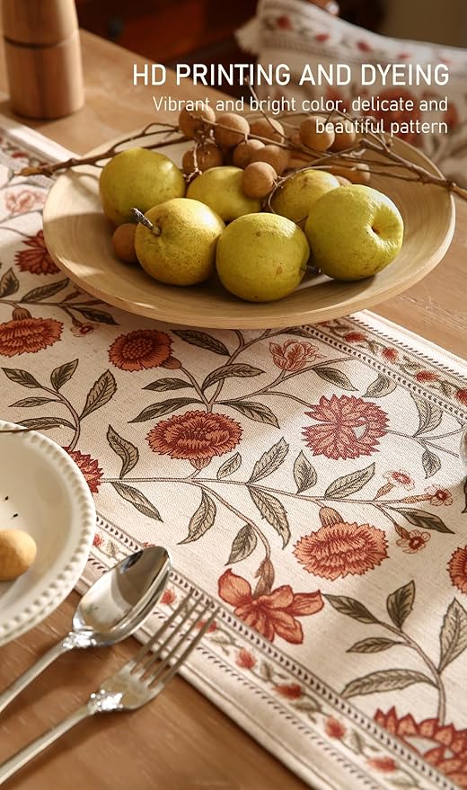 ISAENNE Designer Elegant Linen Table Runner 87 Inches Long,Vintage Orange Floral Pattern Table Runners for Dining Tables,Kitchen Decor,Thanksgiving,Christmas,Banquet,12"*87"-Alvarado A