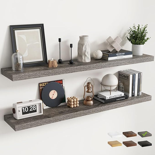 55 Inch Floating Shelves for Wall Set of 2, 8"D Wood Grain Bathroom Shelves with Invisible Brackets, Easy Install Engineered Wood Storage Shelves for Kitchen, Living Room, Bedroom, Grey Oak Finish