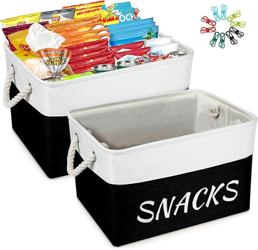 2 Pack Snack Organizer for Pantry,Decorative Snack Basket with 20 Pcs Chip Clips, Collapsible Snack Organizer for Countertop, Pantry Shelf, Office, Kitchen and More