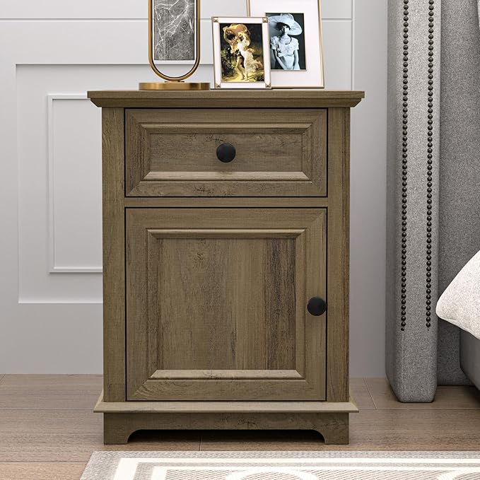 End Tables with Charging Station Set of 2, Side Tables with Drawer and Adjustable Shelf, Night Stand Set of 2, Wooden Side Table for Living Room/Bedroom/Office, Light Brown