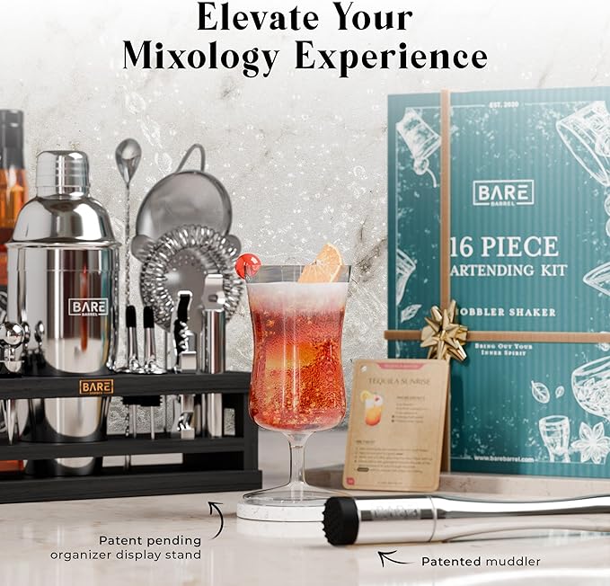 BARE BARREL® Mixology Bartender Kit Bar Set | 16-Piece Cocktail Shaker Set | Martini Barware Mixing Tools for Home Bartending | Incl. 35 Recipe Cards | Gift Set (24oz Cobbler Shaker, Silver/Black)