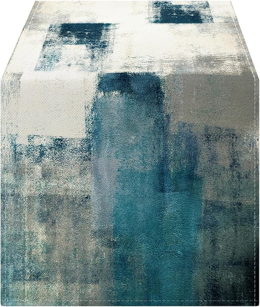 OYIMUA Teal and White Abstract Modern Table Runner, Art Rustic Kitchen Dining Table Decor for Holiday Home Party 13x72 Inches
