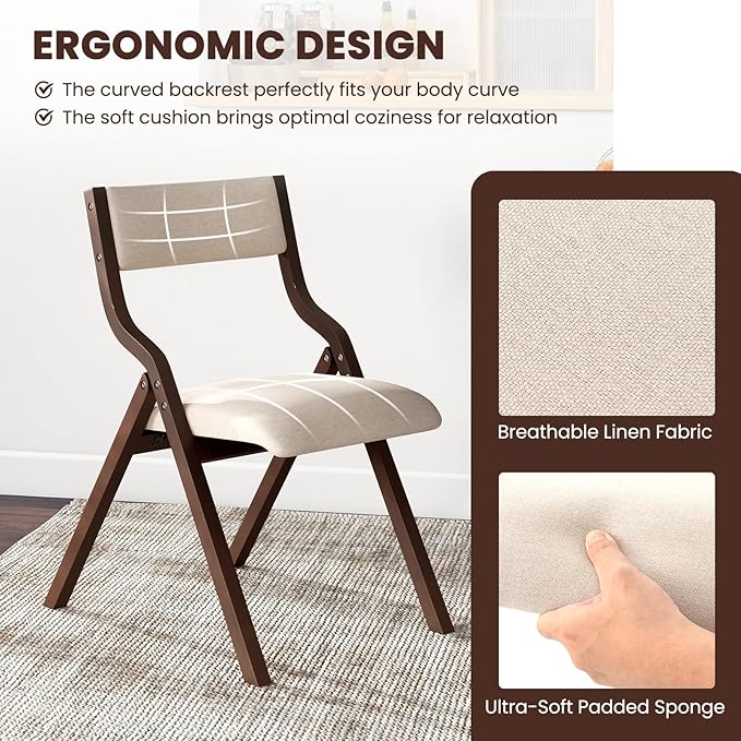 Giantex Folding Dining Chairs Set of 2, No Assembly Required with Linen Padded Seats, Wooden Foldable Kitchen & Party Chairs, Easy to Store for Extra Events
